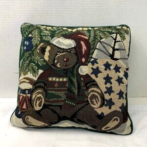 Tapestry Christmas Teddy Bear Throw Pillow Size 12" X 12" Red Green Tan White